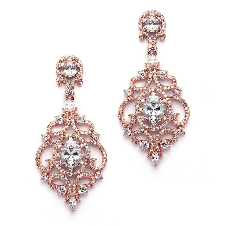 Victorian Scrolls 14K Rose Gold Plated Cz Clip-On Wedding Chandelier Earrings