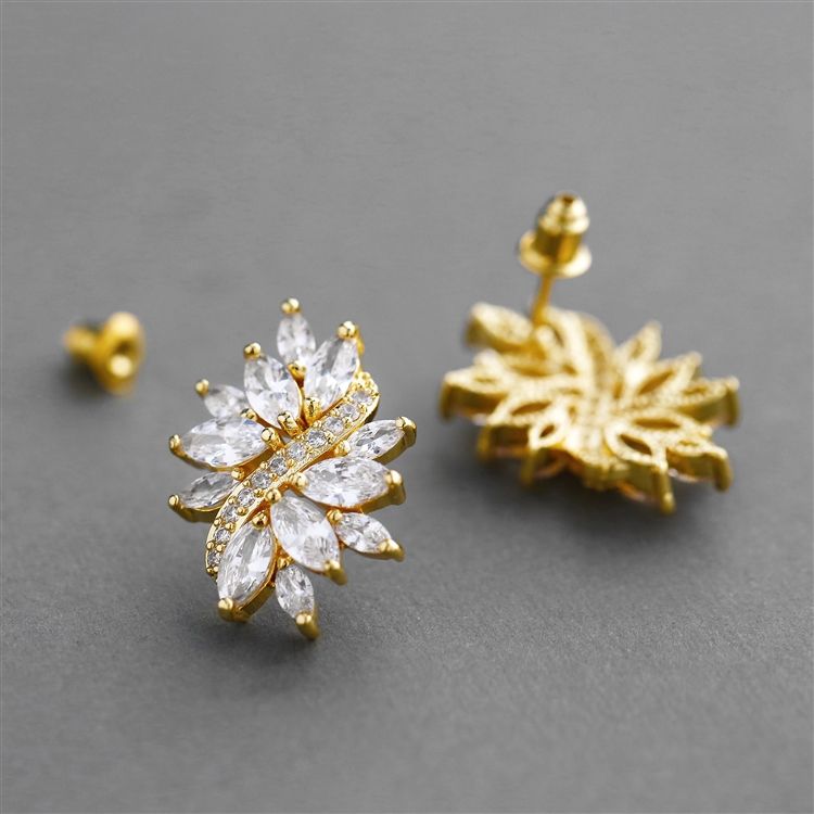 Gold Cubic Zirconia Cluster Bridal Earrings With Delicate Marquis Stones
