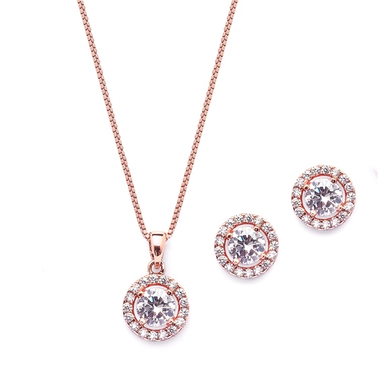 Gleaming Round Halo Cubic Zirconia Rose Gold Necklace And Stud Earrings Set