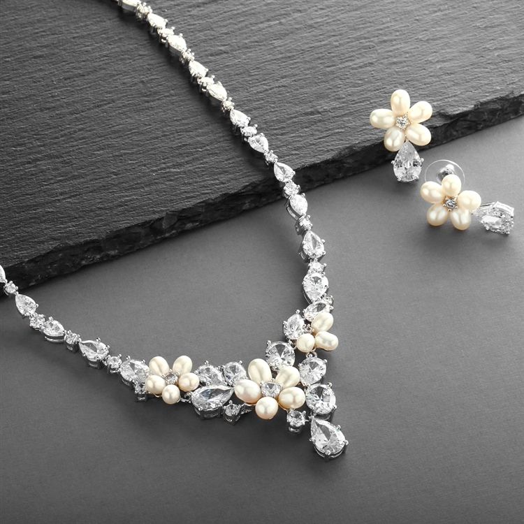 Luxurious Freshwater Pearl And Cz Statement Necklace And Earrings Set For Brides