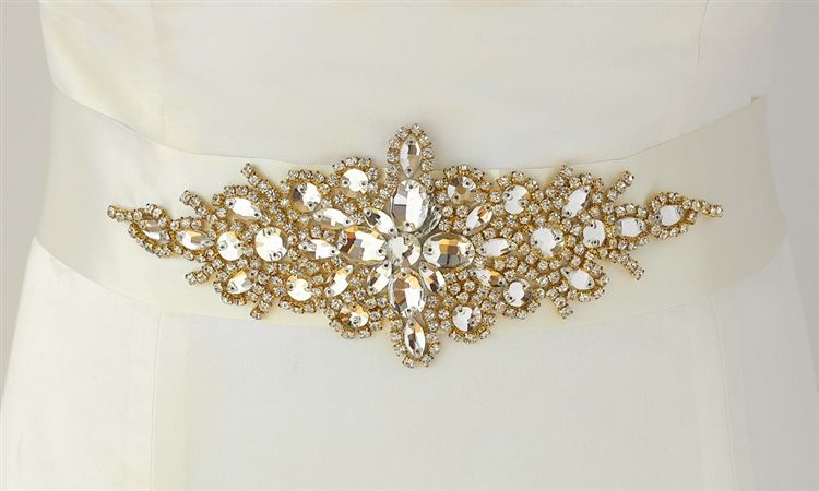 Opulent Ivory Satin Bridal Sash With Gold And Crystal Starburst
