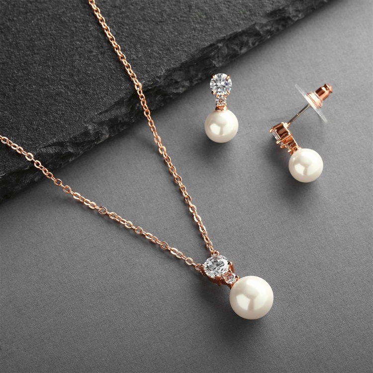 Rose Gold Pearl Drop Necklace Set With Round Cz