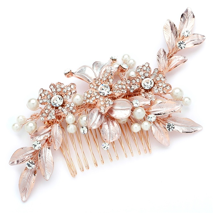 Designer Bridal Hair Comb With Hand Painted Rose Gold Leaves And Pave Crystals