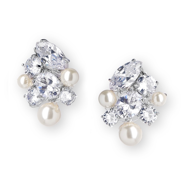 Hand-Crafted Cubic Zirconia And Mixed Ivory Pearl Cluster Wedding Earrings