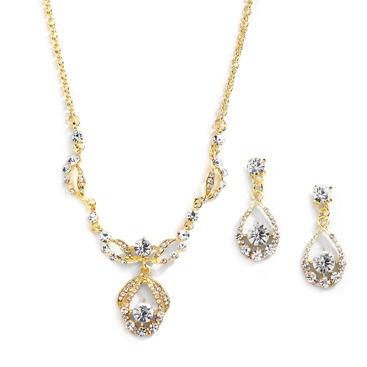 14K Gold Vintage-Style Crystal Necklace And Earrings Set