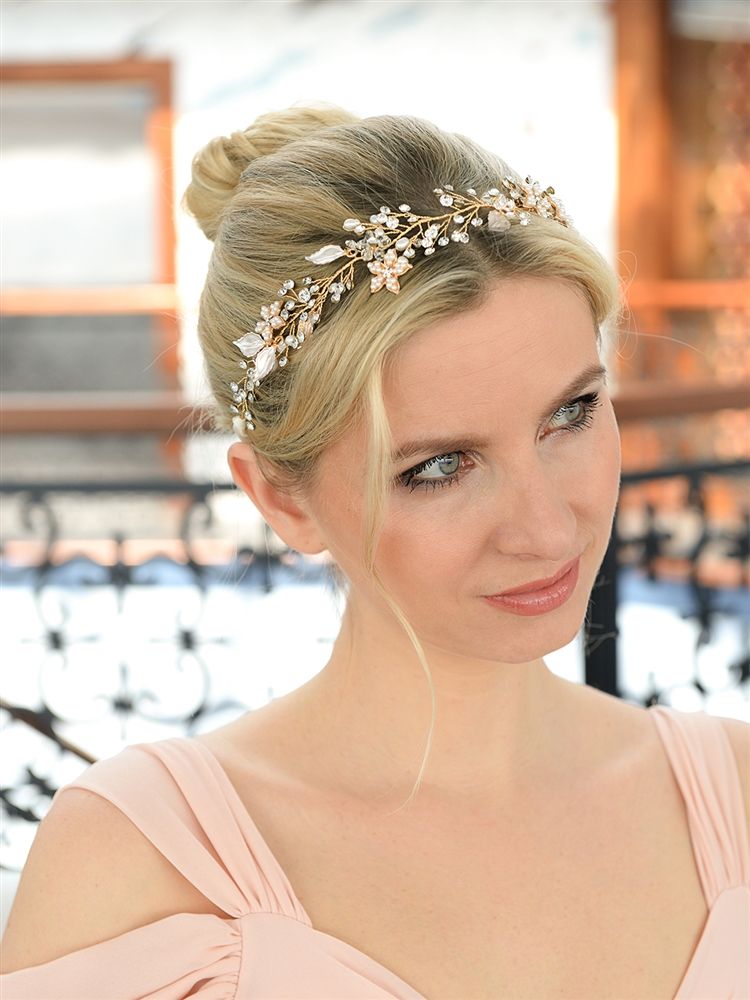 Boho Style Bridal Headband With Hand-Wrought Gold Wire And Silvery Painted Leaves