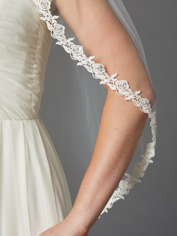 Delicate 36" Fingertip Length Lace Edge Wedding Veil With Beaded Accents