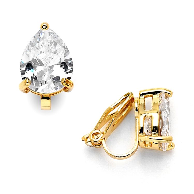 2.00 Ct. Cubic Zirconia Pear Shape Gold Clip-On Earrings For Weddings Or Bridesmaids