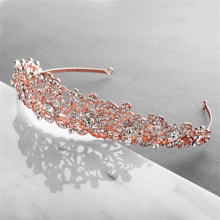 Vintage Filigree Bridal, Wedding Or Prom Rose Gold Tiara With Clear Crystals