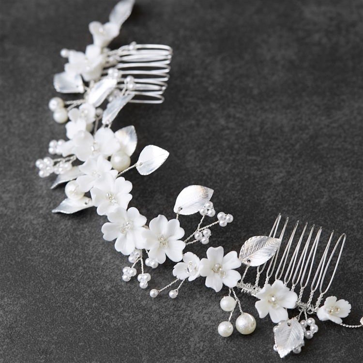 Handmade Bridal Hair Comb Vine - Light Ivory Resin Flowers & Matte Silver Leaves