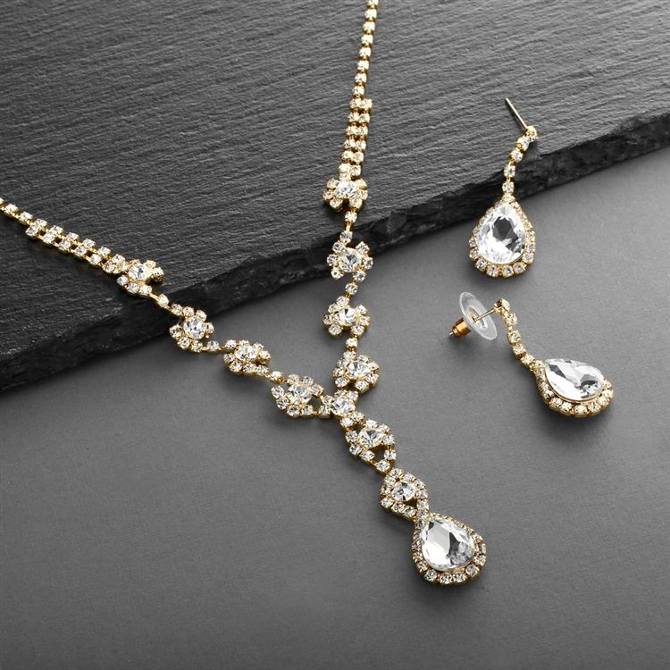 Dramatic Rhinestone Gold Prom Or Wedding Necklace Set With Pear Drops