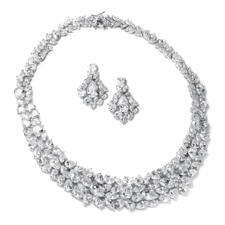 Cz Statement Necklace And Earrings Set For Weddings, Brides, Pageants