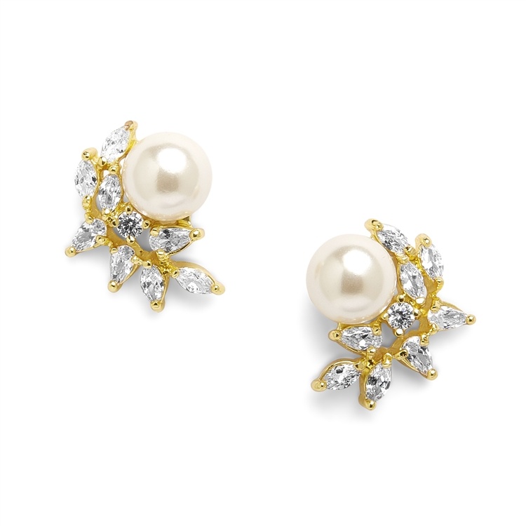 Cz Crescent Gold Bridal Clip-On Earrings With Pearl