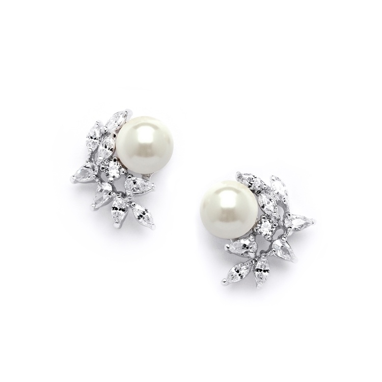 Cz Crescent Ivory Pearl Cluster Wedding Earrings For Brides