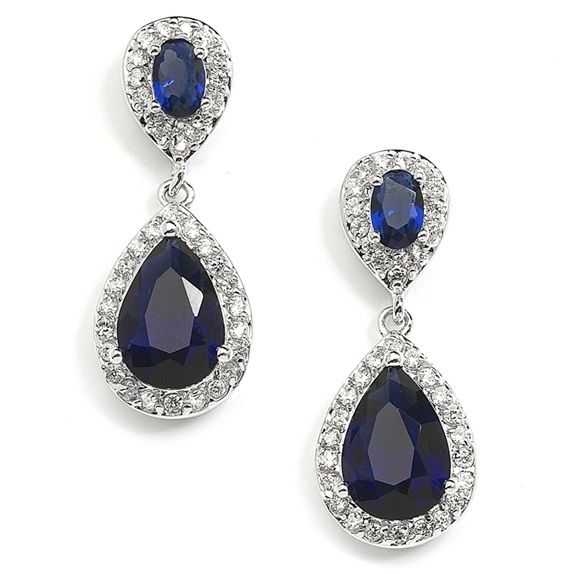 Top-Selling Sapphire Cz Teardrop Bridal Or Bridesmaids Something Blue Earrings