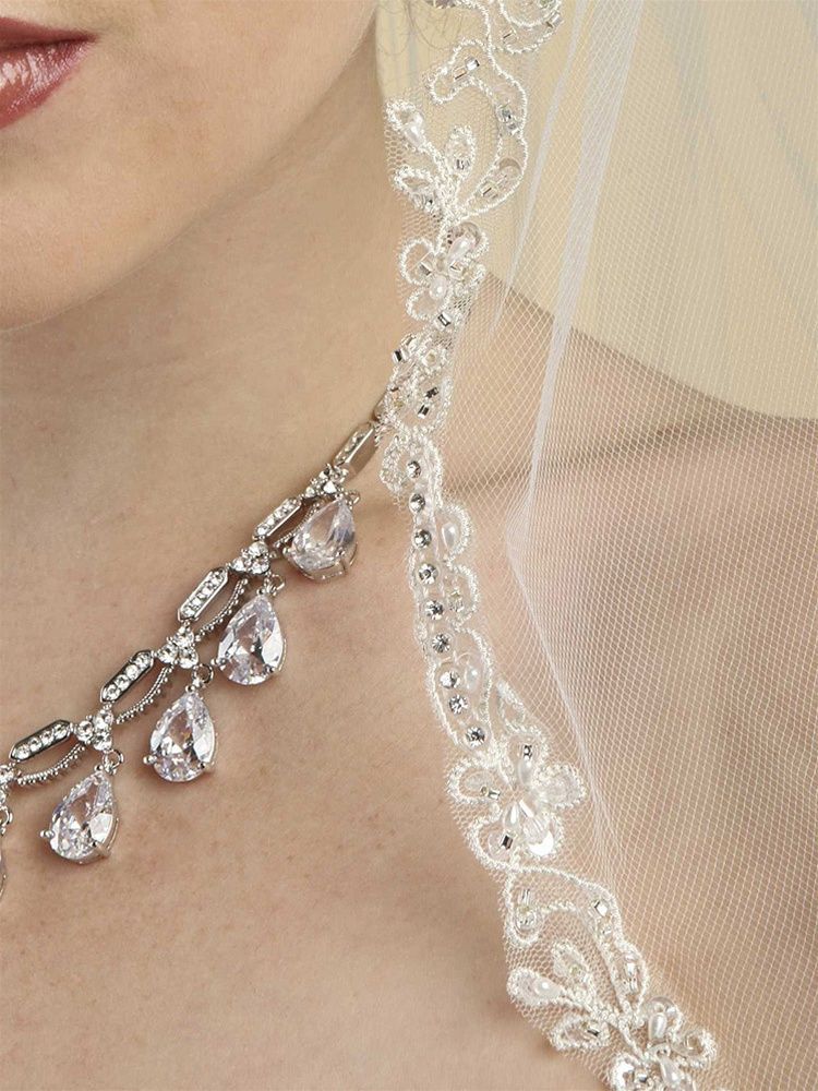 Rhinestone Edge Mantilla Wedding Veil With Floral Appliquè - Ivory