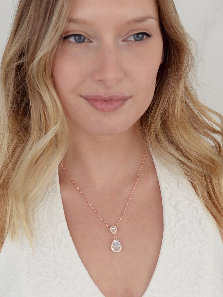 Lustrous Rose Gold Cubic Zirconia Teardrop Wedding Pendant