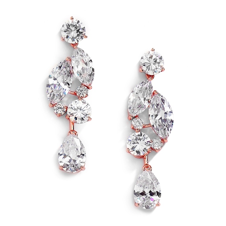 Rose Gold Cubic Zirconia Abstract Wedding Earrings With Teardrops