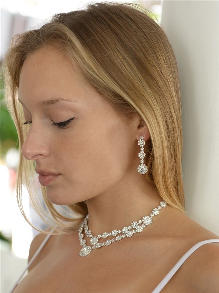 Regal Silver 2-Row Rhinestone Necklace & Earrings Set