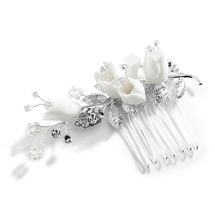 Bridal Hair Comb With Silver Leaves, White Resin Flowers And And Crystals
