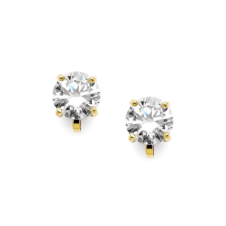 Gold Clip-On Earrings With 2 Carat 8Mm Cz Solitaire