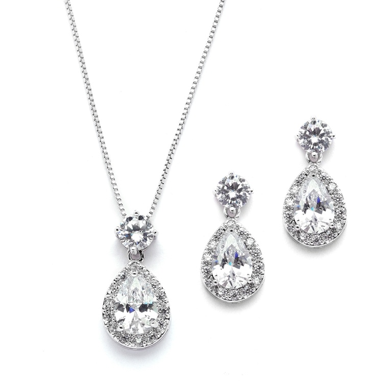 Brilliant Cz Halo Pear Shaped Necklace And Earrings Set