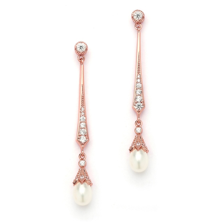 Vintage Rose Gold Cz Dangle Earrings With Freshwater Pearl