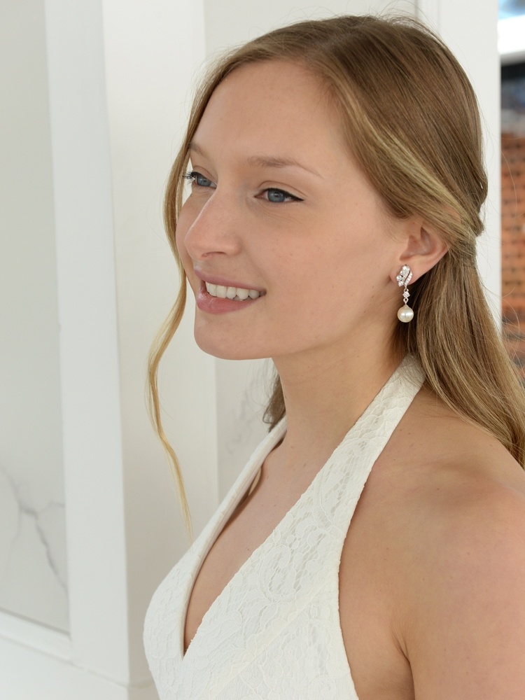 Cubic Zirconia Wedding Earrings With Cream Pearls