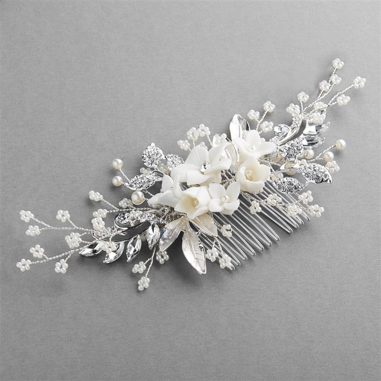 Bridal Hair Comb With White Resin Flowers, Crystals And Dainty Pearl Sprays