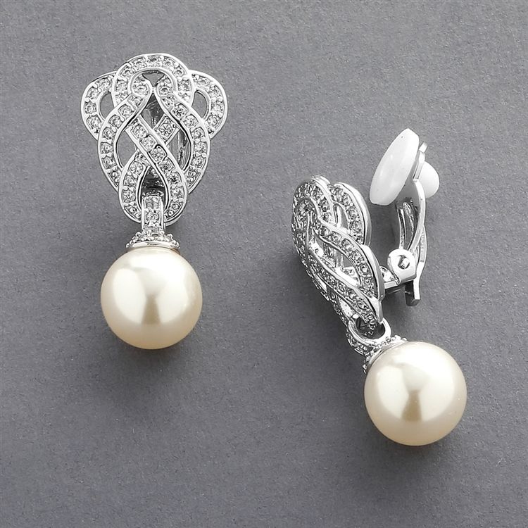 Clip-On Cubic Zirconia Braided Wedding Earrings With Pearl Drop