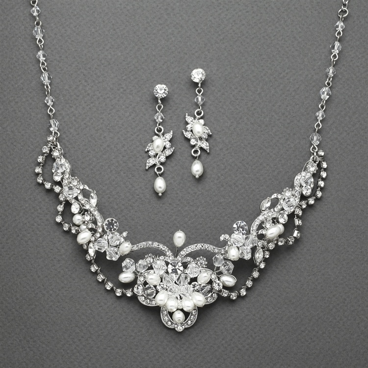 Freshwater Pearl & Crystal Wedding Necklace And Earrings Set