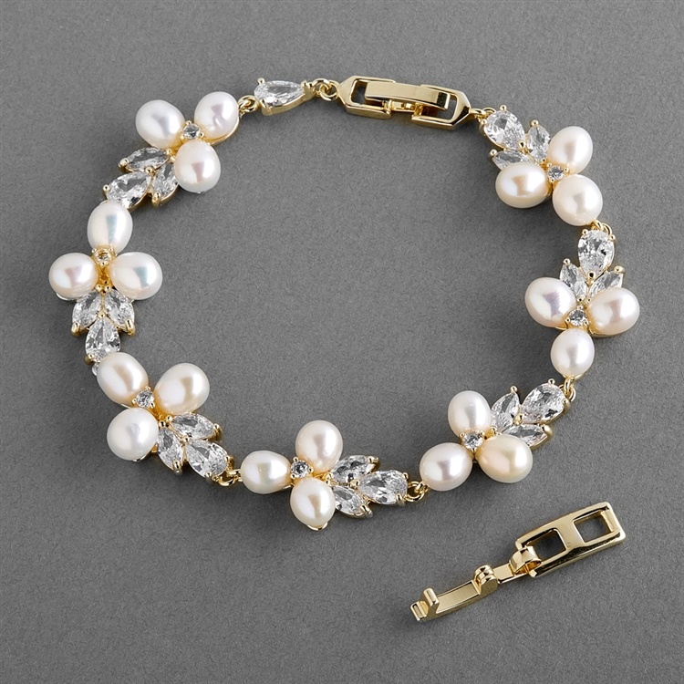 Genuine Freshwater Pearl & Cz 7 1/8" Gold Wedding Bracelet With Extender