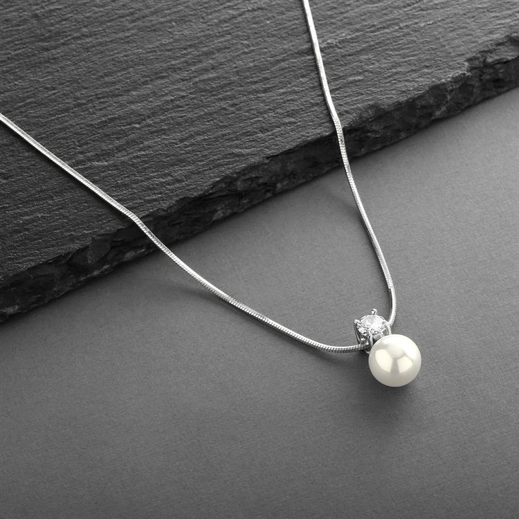 Soft Creme 10Mm Pearl & Cz Solitaire Bridal Necklace Pendant