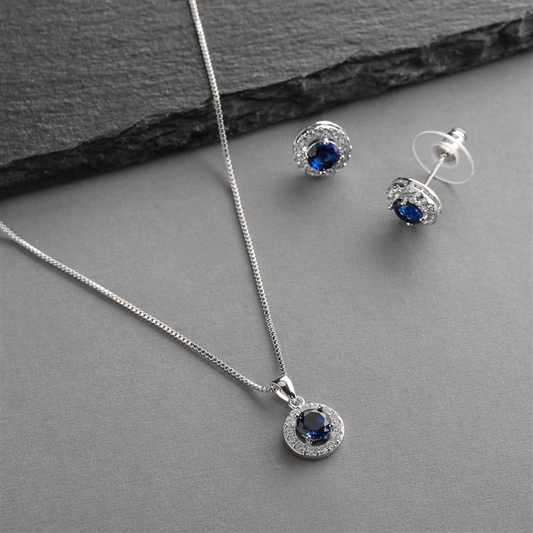 Cubic Zirconia Round Shape Halo Necklace And Stud Earrings Set - Sapphire