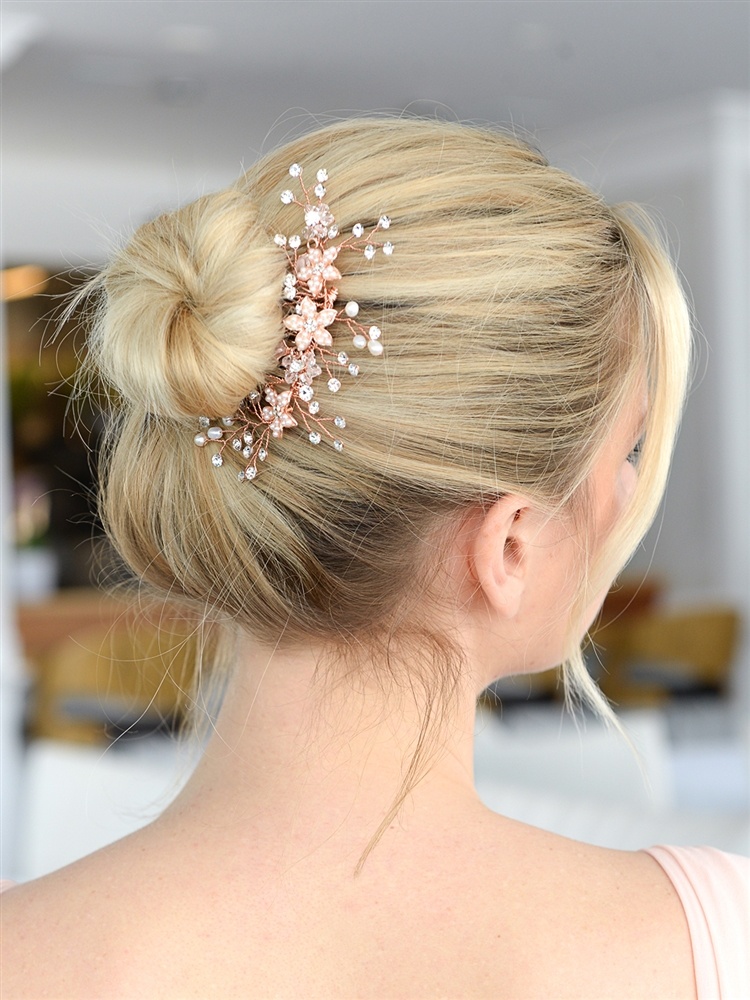 Bridal Hair Comb With Rose Gold Leaves, Freshwater Pearl And Crystal Sprays