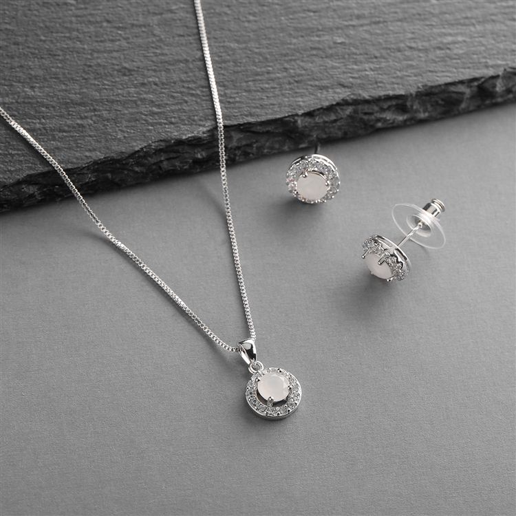 Cubic Zirconia Round Shape Halo Necklace And Stud Earrings Set - White Opal