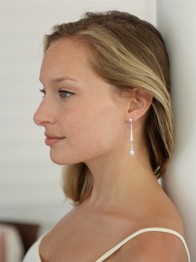 Vintage Wedding Linear Cz Dangle Earrings With Freshwater Pearls