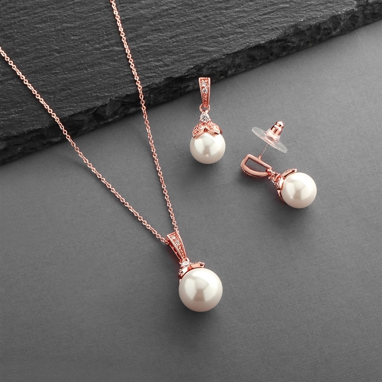 Rose Gold Pearl Drop Necklace Set With Vintage Cz