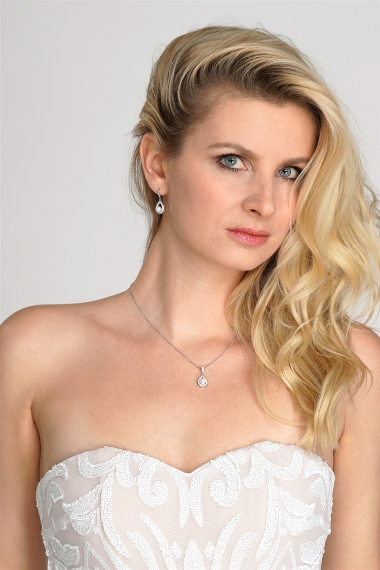 Silver Rhodium Necklace & Earrings Set With Cz Framed Pearl