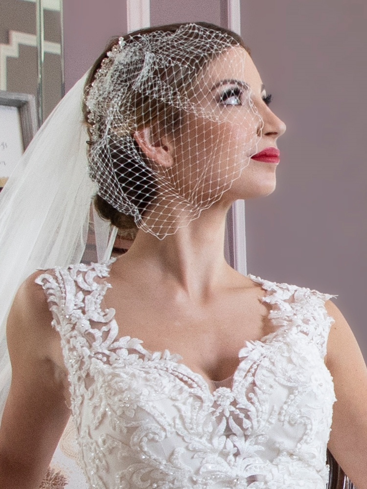 French Net Bridal Birdcage Blusher Visor Veil - White