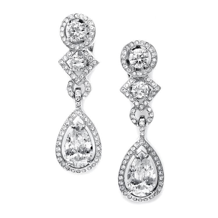Cz Clip-On Wedding Earrings With Pear Dangle