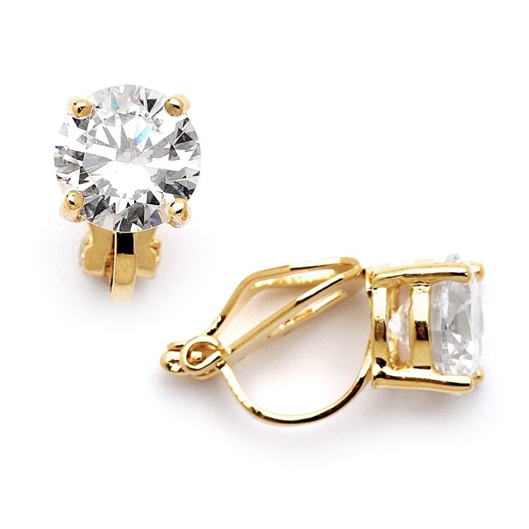Gold Clip-On Earrings With 2 Carat 8Mm Cz Solitaire