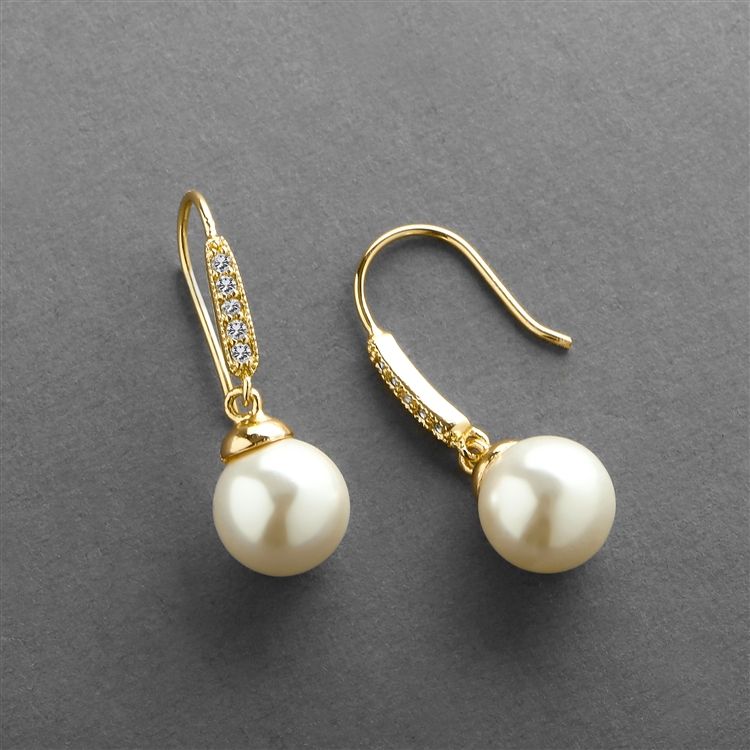 Vintage French Wire Bridal Earrings With Ivory Pearl Drops And 14K Gold Plated Cz Accents