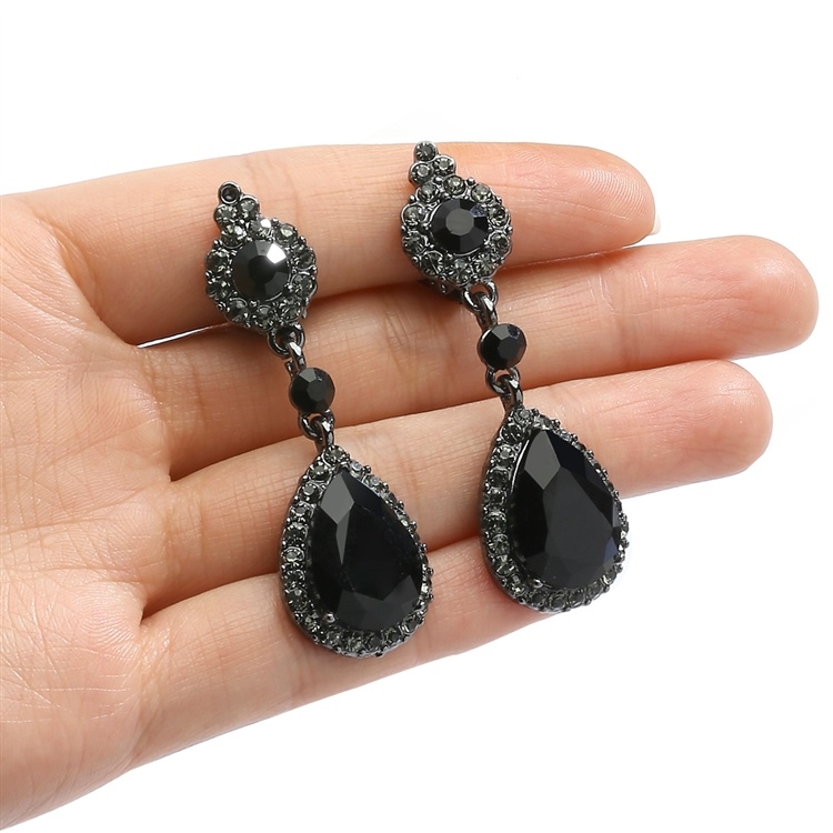 Jet Black Crystal Clip-On Earrings With Teardrop Dangles In Hematite Plating