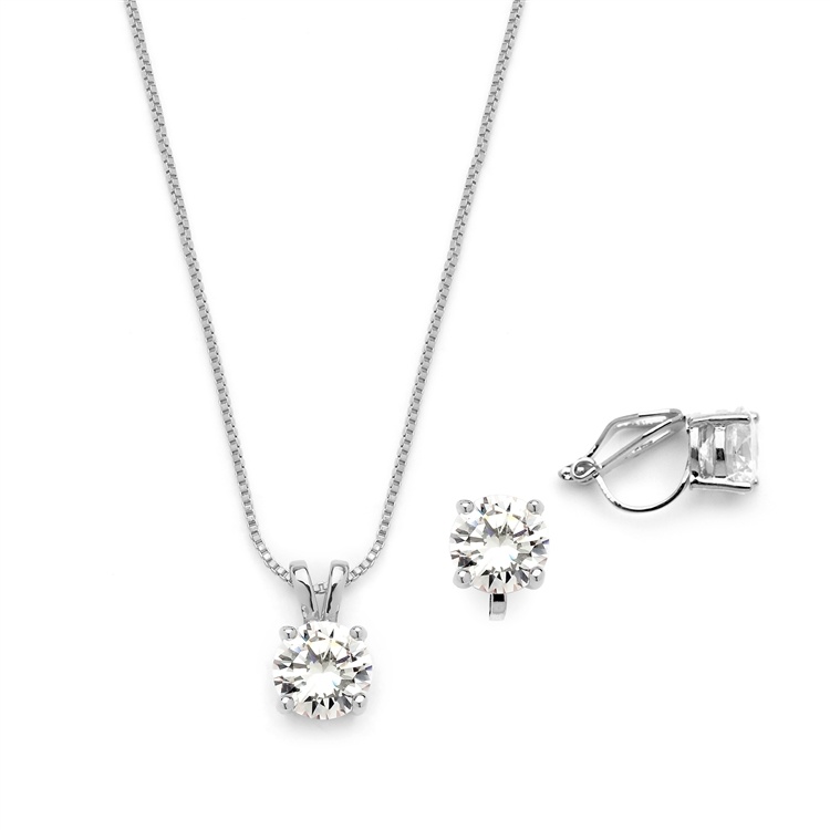 Rhodium Plated Cz Pendant Necklace And Clip-On Earrings Set