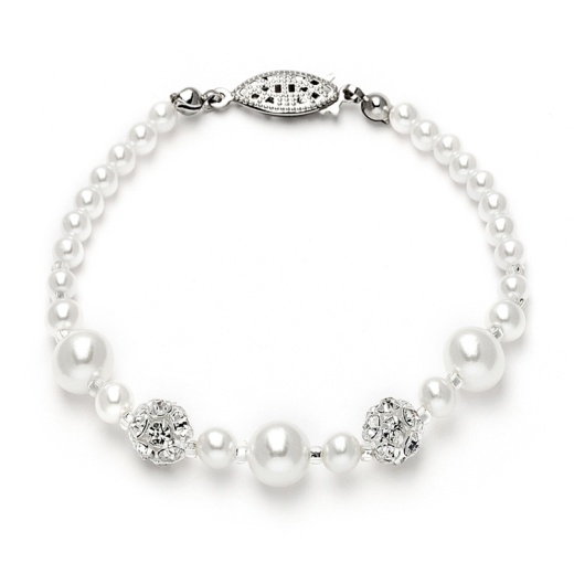 Dainty Wedding Bracelet with Pearls and Rhinestone Fireballs - White