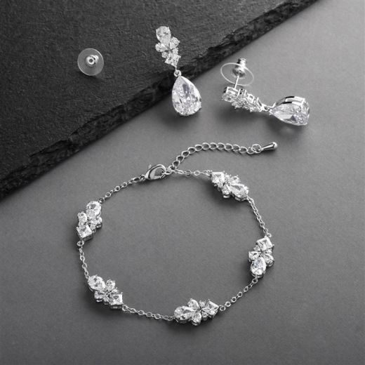 Cubic Zirconia Multi-Shape Bridal Bracelet And Earrings Set With Adjustable Chain