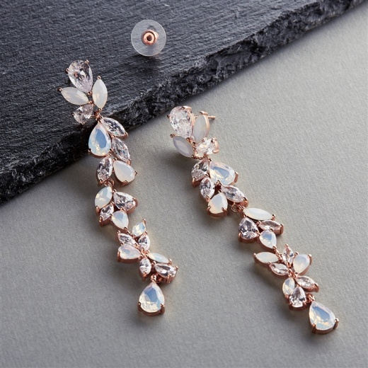 Cubic Zirconia And Opal Long Statement Rose Gold Wedding Dangle Earrings