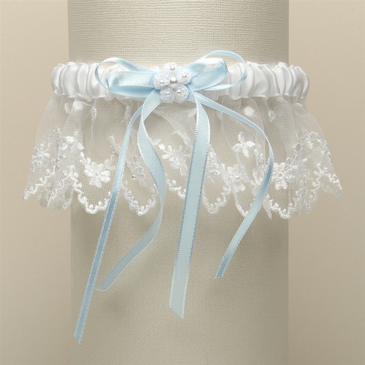 Vintage Irish Lace Inspired Wedding Garter - White With Something Blue Ribbons