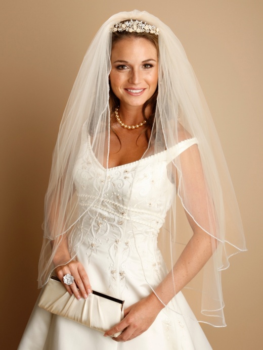 1-Tier 108 Ivory Cathedral Bridal Veil Edged With Crystal Rhinestone,  Pearl & Bugle Bead Trim